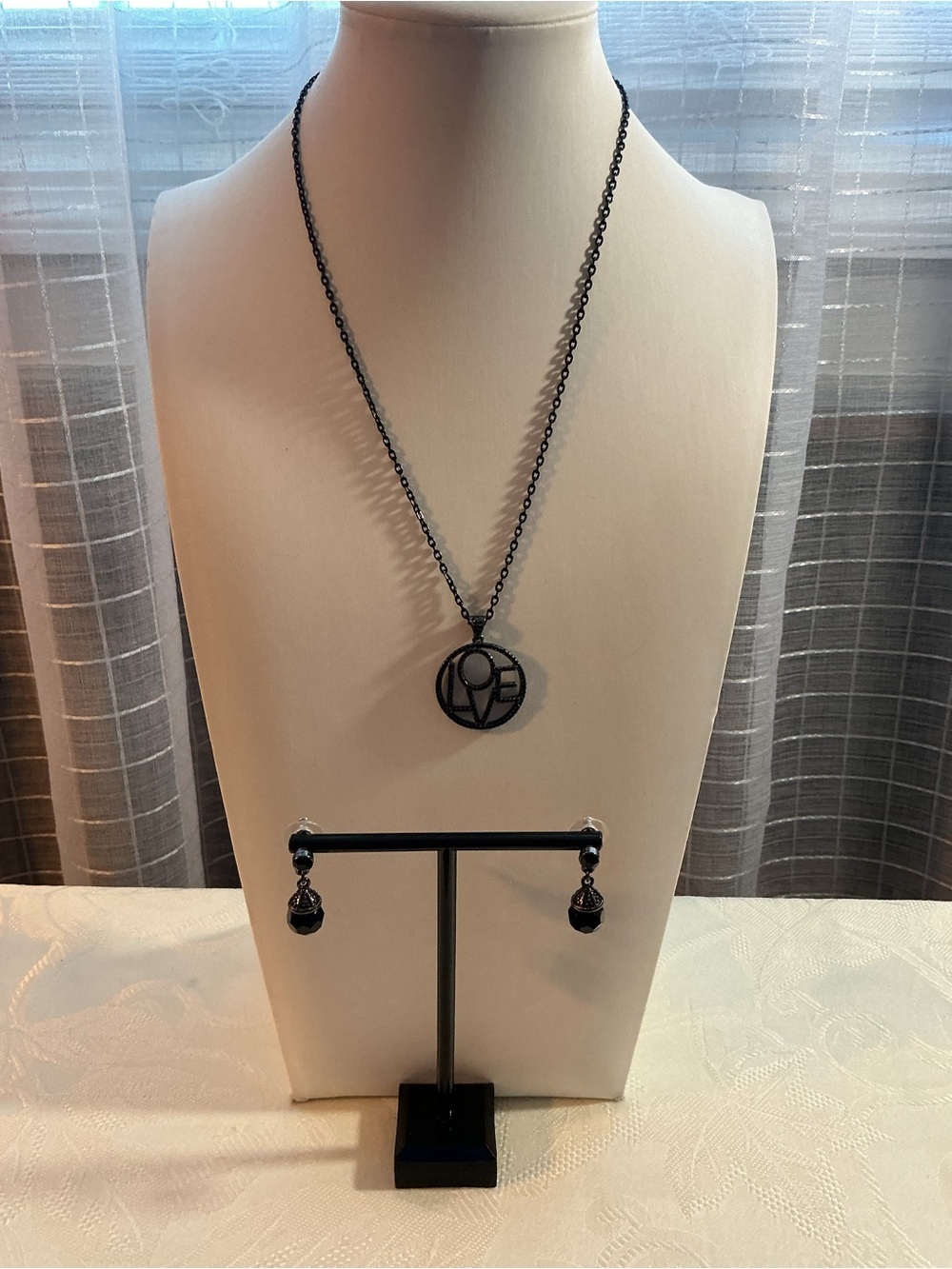 Jet Black “LOVE” Rhinestone Gunmetal Pendant Necklace and Earring Set